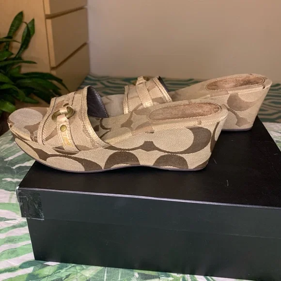 Coach Signature Canvas Tan Wedge Sandals with Gold Accent - Picture 3 of 6